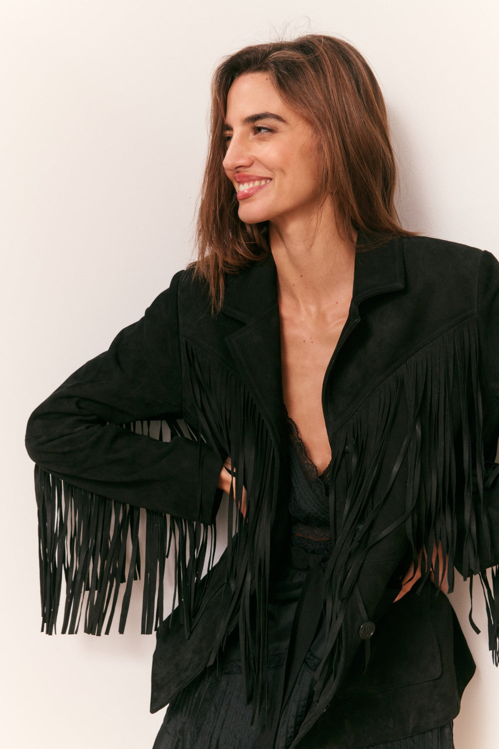Geraline Black Suede Fringe Jacket | Loveshackfancy outlet